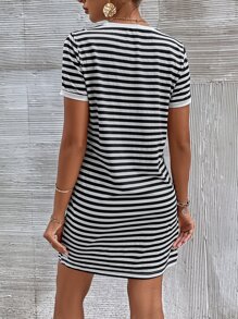 SHEIN Frenchy Women's Striped T-Shirt Dress With Heart Print - Black - View 2