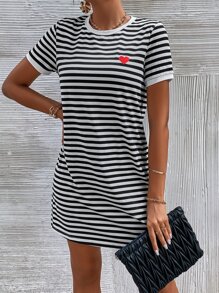 SHEIN Frenchy Women's Striped T-Shirt Dress With Heart Print - Black - View 3