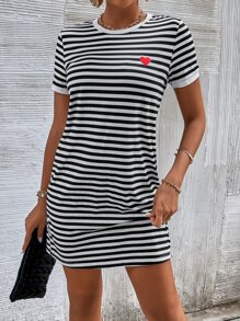 SHEIN Frenchy Women's Striped T-Shirt Dress With Heart Print - Black - View 5