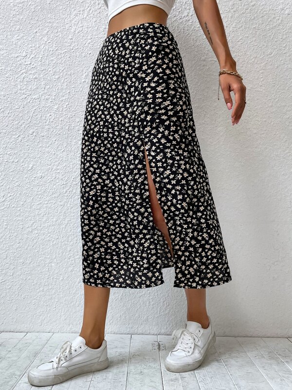 SHEIN VCAY Ditsy Floral Split Thigh Skirt SHEIN USA