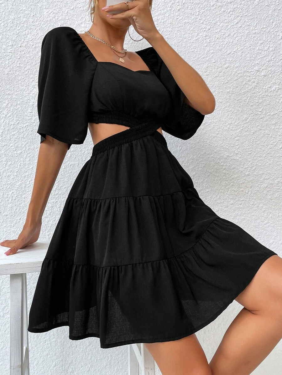 Vestido de cintura con abertura de espalda abierta bajo con fruncido - Negro - Ver 1