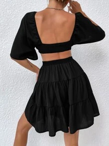 Vestido de cintura con abertura de espalda abierta bajo con fruncido - Negro - Ver 2