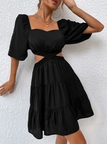 Vestido de cintura con abertura de espalda abierta bajo con fruncido - Negro - Ver 3