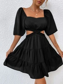Vestido de cintura con abertura de espalda abierta bajo con fruncido - Negro - Ver 6