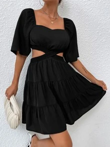 Vestido de cintura con abertura de espalda abierta bajo con fruncido - Negro - Ver 7
