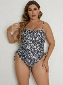 Plus Ditsy Floral Drawstring Side One Piece Swimsuit