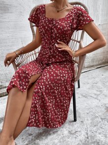 SHEIN Frenchy Đầm Nút phía trước Họa tiết hoa Boho - Nhiều màu - Xem 5