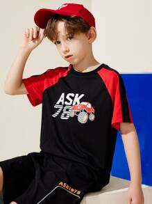 Boys Car & Letter Graphic Contrast Raglan Sleeve Tee - Black - View 1