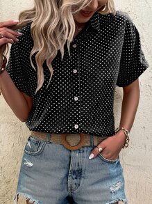 SHEIN LUNE Rolled Cuff Polka Dot Loose Casual Front Button Elegant Shirt - Black and White - View 1