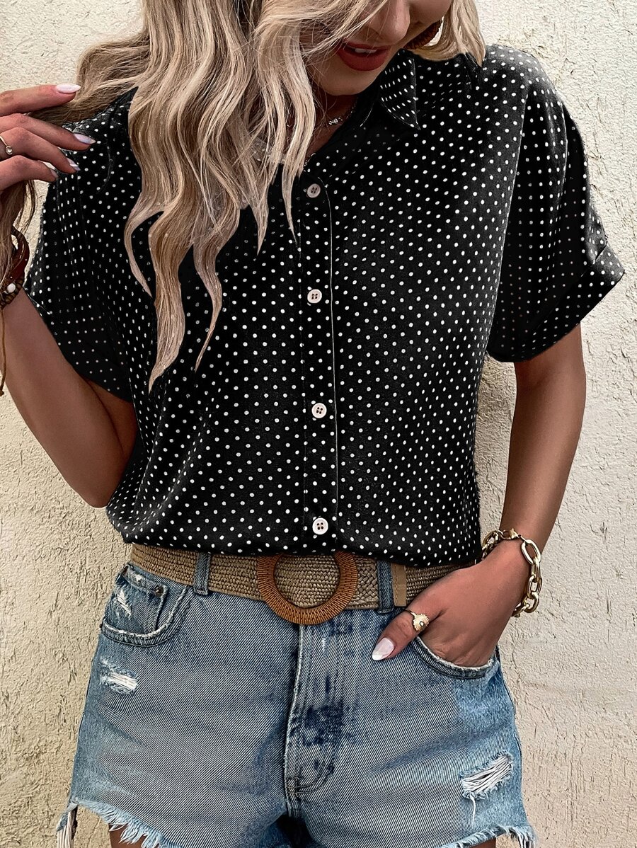 SHEIN LUNE Rolled Cuff Polka Dot Loose Casual Front Button Elegant Shirt - Black and White - View 1