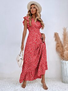 Breezaya Đầm Viên lá sen Trọn gói Dải chun Tất cả trên in Boho - Đỏ - Xem 3