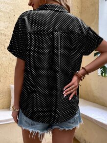 SHEIN LUNE Rolled Cuff Polka Dot Loose Casual Front Button Elegant Shirt - Black and White - View 2