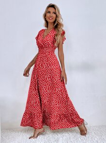 Breezaya Đầm Viên lá sen Trọn gói Dải chun Tất cả trên in Boho - Đỏ - Xem 5