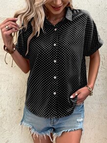SHEIN LUNE Rolled Cuff Polka Dot Loose Casual Front Button Elegant Shirt - Black and White - View 4
