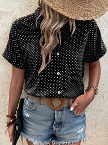 SHEIN LUNE Rolled Cuff Polka Dot Loose Casual Front Button Elegant Shirt - Black and White - View 5