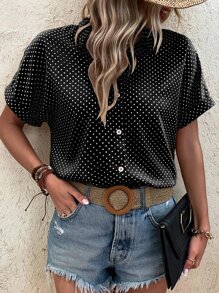 SHEIN LUNE Rolled Cuff Polka Dot Loose Casual Front Button Elegant Shirt - Black and White - View 6