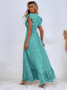 Breezaya Allover Print Ruffle Trim Shirred Waist Dress - Mint Blue - View 2