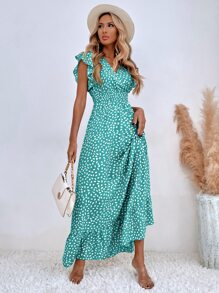 Breezaya Allover Print Ruffle Trim Shirred Waist Dress - Mint Blue - View 3