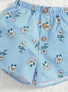 SHEIN Baby Girl Striped & Floral Print Ruffle Trim Button Front Top & Shorts - Baby Blue - View 4