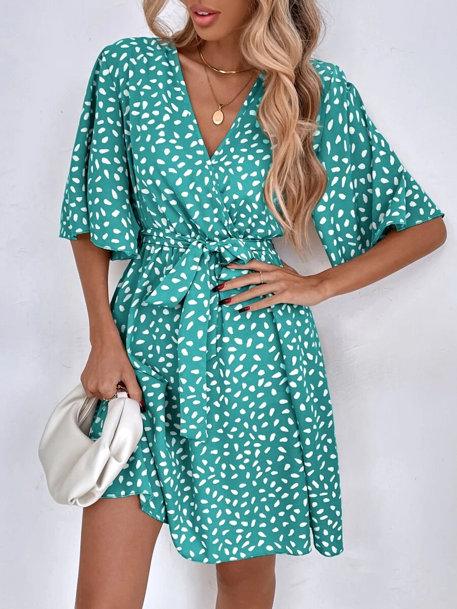 SHEIN LUNE 滿版印花蝴蝶袖繫腰帶連衣裙 - 水鴨藍 - 查看 1