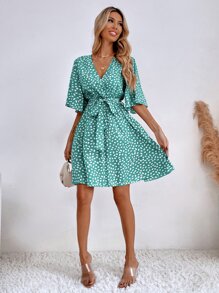 SHEIN LUNE 滿版印花蝴蝶袖繫腰帶連衣裙 - 水鴨藍 - 查看 3