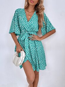 SHEIN LUNE 滿版印花蝴蝶袖繫腰帶連衣裙 - 水鴨藍 - 查看 4