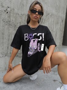 Jelsie Figure & Japanese Letter Graphic Drop Shoulder Tee - Black - View 1