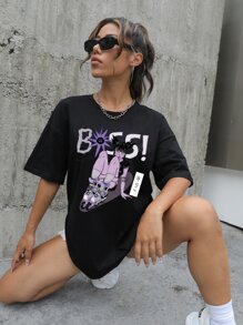 Jelsie Figure & Japanese Letter Graphic Drop Shoulder Tee - Black - View 4