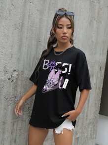 Jelsie Figure & Japanese Letter Graphic Drop Shoulder Tee - Black - View 5