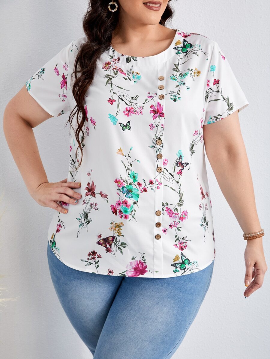 EMERY ROSE 大碼蝴蝶和雛菊圖案假鈕扣襯衫 - 白色 - 查看 1