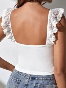 SHEIN Frenchy Contrast Lace Ruffle Trim Backless Ribbed Knit Top Summer Elegant White