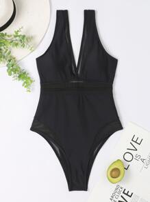 SHEIN Swim Summer Beach Mesh Panel One Piece Swimsuit - Black - View 7
