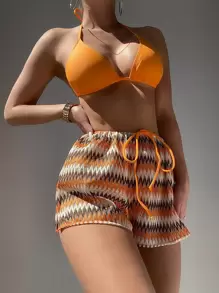 SHEIN Swim 夏季海滩人字形图案比基尼套装吊带三角文胸上衣和丁字裤和罩衫短裤 3 件套比基尼 - 彩色 - 查看 7