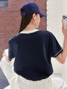 DAZY 撞色滾邊針腳鎖邊T恤 - 藏蓝色 - 查看 2