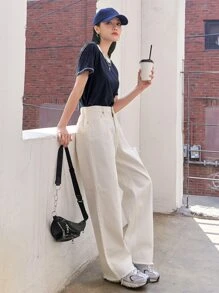 DAZY 撞色滾邊針腳鎖邊T恤 - 藏蓝色 - 查看 5