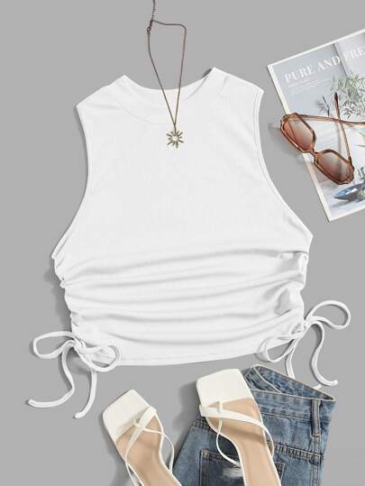 لباس علوي تانك محبوك مضلع رباط ثنية مقاس كبير