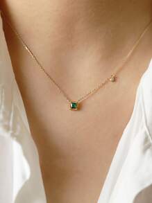 方晶鋯石方形吊墜項鏈 - 金黃色 - 查看 1