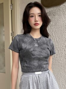 DAZY 紮染小熊印花木耳邊T恤 - 灰色 - 查看 3