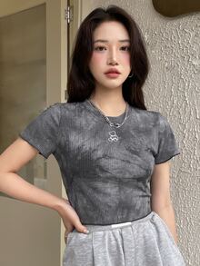 DAZY 紮染小熊印花木耳邊T恤 - 灰色 - 查看 8