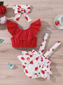 嬰兒女孩荷葉邊上衣＆草莓印花蝴蝶結孫褲＆髮帶 - 紅白色 - 查看 2
