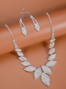 Rhinestone Decor Necklace & Drop Earrings - Silver - View 1
