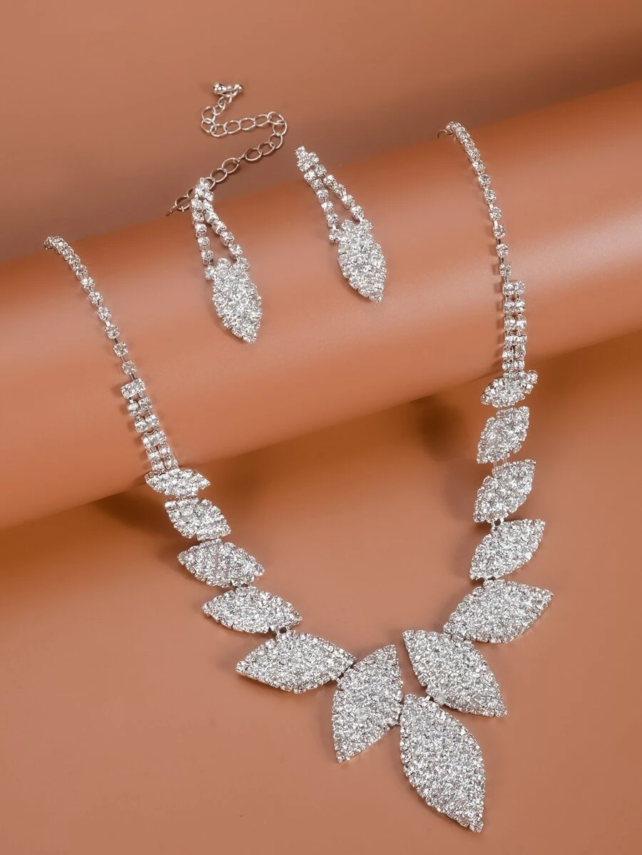 Rhinestone Decor Necklace & Drop Earrings - Silver - View 1