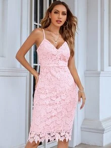 Eilly Bazar Guipure Lace Cami Dress Casual Summer Elegant - Baby Pink - View 3