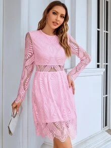 Eilly Bazar Đầm Dây kéo màu trơn Thanh lịch - Hồng - Xem 4