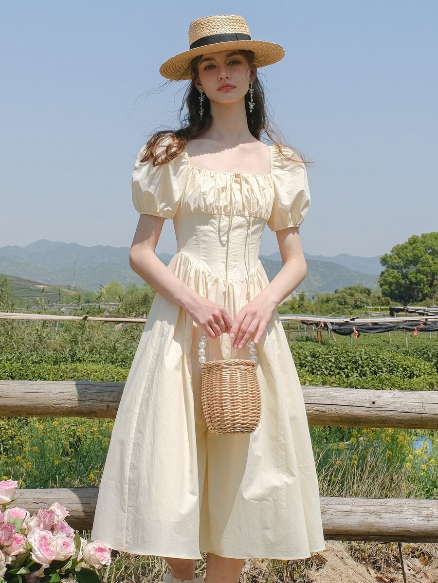 Tie Back Ruched Bust Tie Front Dress - Yellow - View 1