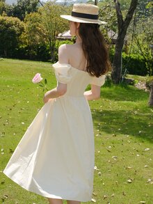 Tie Back Ruched Bust Tie Front Dress - Yellow - View 3