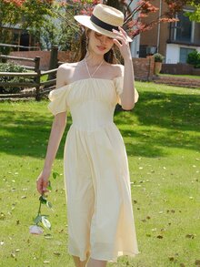 Tie Back Ruched Bust Tie Front Dress - Yellow - View 4