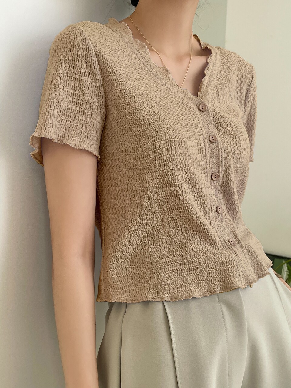 Plisse Button Front Tee Summer,Crop Tops Women