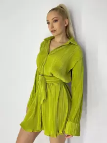 荷葉袖褶皺腰帶襯衫洋裝