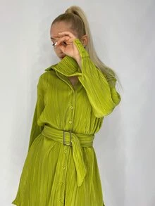 荷葉袖褶皺腰帶襯衫洋裝